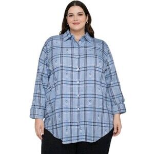 COLLECTIONS ETC Women XXL Snowman Christmas Plaid Long Slv Button Lurex Top Blue